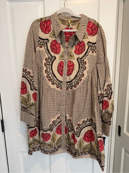 Free People Dresses & Skirts - Free People Boho Floral Dress in Cream with Pink Roses | Size XL